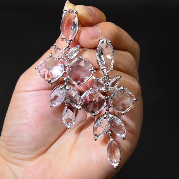 Anthro Crystal Large Leaf Shaped Dangle Drop Earrings Clear Long - Picture 10 of 11